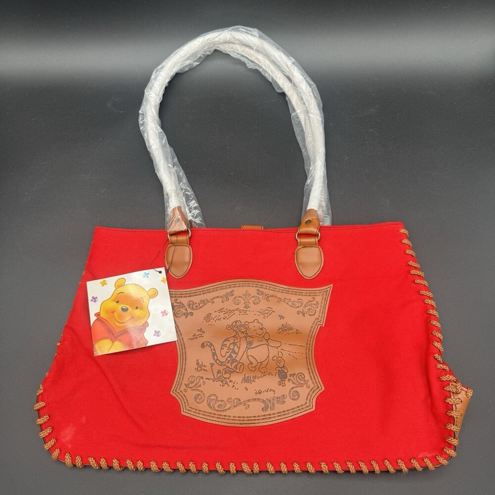 Vintage Disney Winnie the Pooh Tote Shoulder Purse Bag Red Leather Tiger Piglet